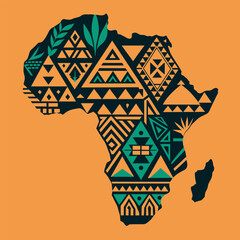 Continent Africa, abstract silhouette of african map with geometric ethnic pattern and tribal traditional ornament. Stylized map of africa embellished with tribal patterns on neutral background