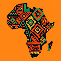 Continent Africa, abstract silhouette of african map with geometric ethnic pattern and tribal traditional ornament. Artistic rendition of africa's map adorned with vibrant, ethnic patterns