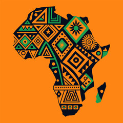 Continent Africa, abstract silhouette of african map with geometric ethnic pattern and tribal traditional ornament. Stylized map of africa featuring traditional patterns, wildlife, and landscapes