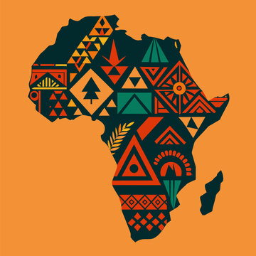 Continent Africa, abstract silhouette of african map with geometric ethnic pattern and tribal traditional ornament. Stylized african continent map with traditional patterns on an orange background