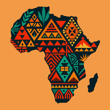 Continent Africa, abstract silhouette of african map with geometric ethnic pattern and tribal traditional ornament. Stylish illustration of the african continent enriched with vibrant tribal patterns