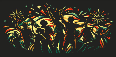 Pride african people marching with raised fists, symbol of african struggle. Black history month. Illustration celebrating juneteenth, representing african american history, unity, fight for freedom