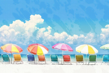 Deck chaisr and beach umbrellas on deserted beach in summer