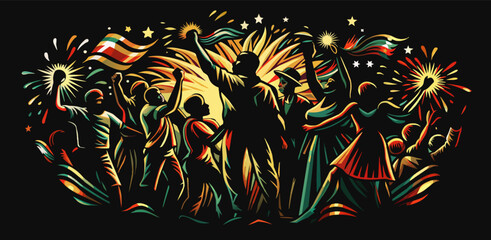Pride african people marching with raised fists, symbol of african struggle. Black history month or juneteenth. Honoring juneteenth with silhouettes of african americans celebrating emancipation