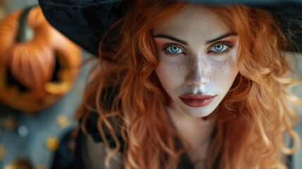 A Halloween witch in a dark tapered witch's hat with long red hair and holiday makeup. Beauty gothic girl with a carved pumpkin in Party Celebrating All Saints' Day art design