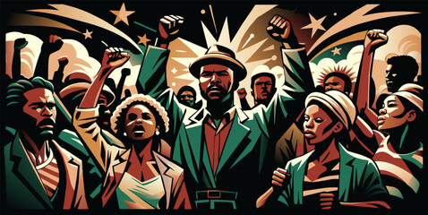 Pride african people marching with raised fists, symbol of african struggle. Artistic illustration depicting african americans celebrating black history month and juneteenth - obrazy, fototapety, plakaty