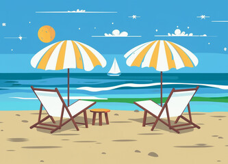 Fototapeta na wymiar Deck chaisr and beach umbrellas on deserted beach in summer