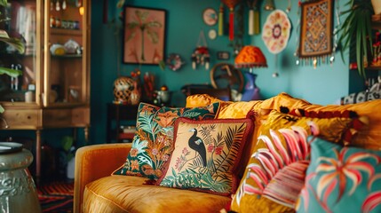 DIY decor project in progress with a designer crafting a unique pillow design for a decorative cushion, set in a vibrant living room
