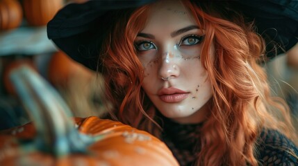 Naklejka premium A Halloween witch in a dark tapered witch's hat with long red hair and holiday makeup. Beauty gothic girl with a carved pumpkin in Party Celebrating All Saints' Day art design