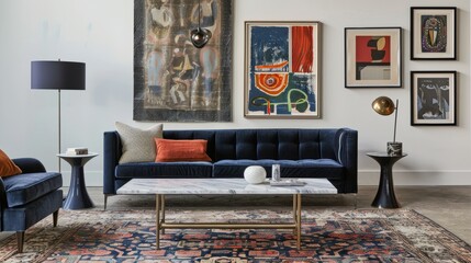 Elegant Contemporary Living Room with Navy Blue Velvet Sofa & Artistic Touches