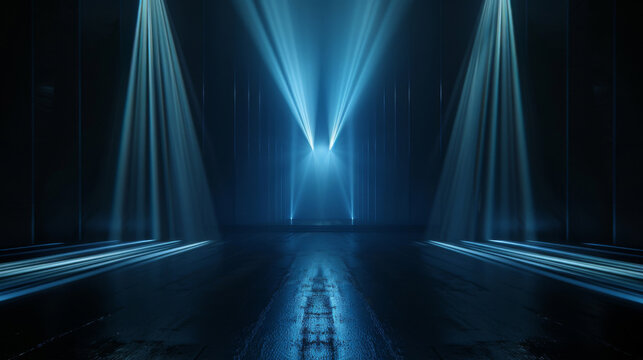 Abstract sci-fi corridor illuminated by striking blue neon beams, creating a mesmerizing technology background