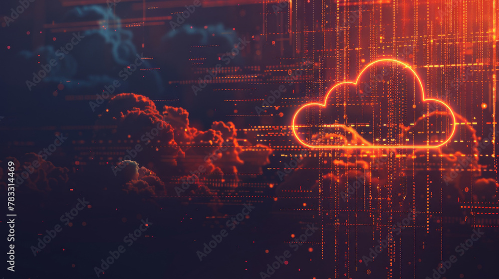 Poster Futuristic cloud computing concept with glowing digital patterns over a sunset skyline