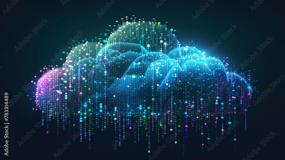 Aufkleber illustration of glowing digital clouds with data streaming, symbolizing cloud computing technology