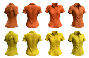 2 Set of woman yellow orange mustard button up short sleeve collar slim fitting shirt front, back, side view on transparent background cutout, PNG file. Mockup template for artwork graphic design