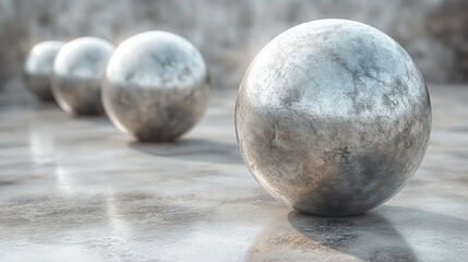 Row of Metal Silver Balls on a Grey Floor