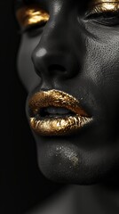Black and white closeup shot of a European man face with metallic gold lips, showcasing the intricate details of his eye, eyelash, iris, and jaw, shooting a portrait for a fashion magazine