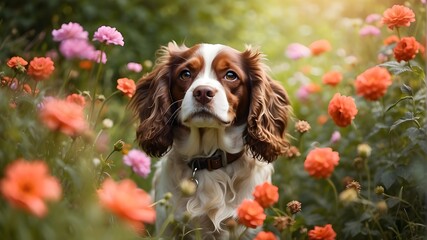 spaniel between the flowers on the grass - obrazy, fototapety, plakaty