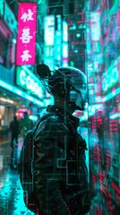 Virtual reality in neon colors and pink colors, futuristic cyberman wearing virtual reality glasses on the street of the future city