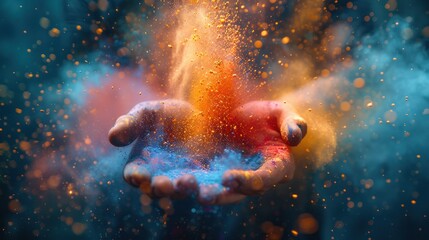 Holiday Holi, an explosion of colorful colors Vivid, bright pigments Noisy dust and powder The sound flickers and shimmers.