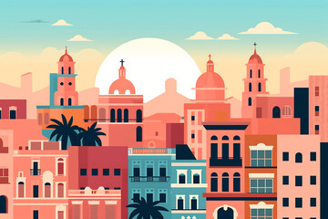 Havana urban landscape with cityscape silhouette . Pattern with houses. Illustration - obrazy, fototapety, plakaty