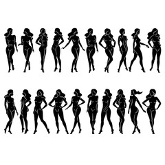 Silhouette of a nice lady, she is standing. The girl has a beautiful naked figure. The woman is a young sexy and slender model. Vector illustration