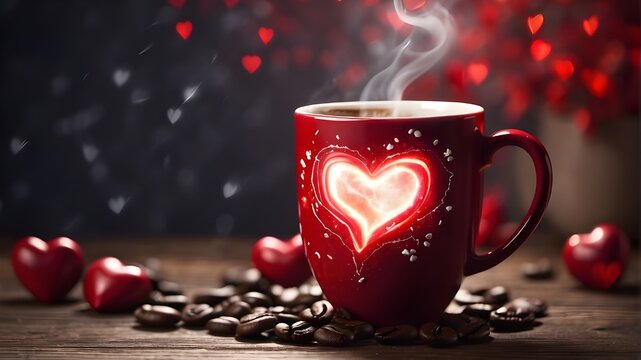 passionate mug of coffee. A card for Valentine's Day. Above it, coffee and lightning. Aromatic coffee, thunderstorms, and red hearts