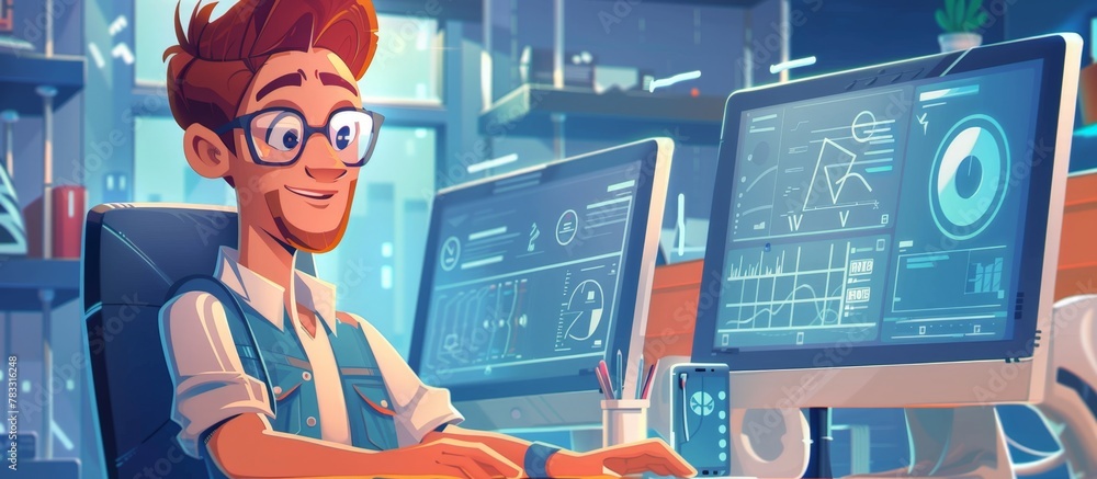 Aufkleber man working at a desk with a computer in a cartoon illustration