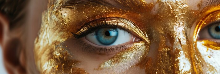 Closeup shot of a European girl face with metallic gold makeup, showcasing the intricate details of her eye, eyelash, iris, and jaw, shooting a portrait for a fashion magazine, banner