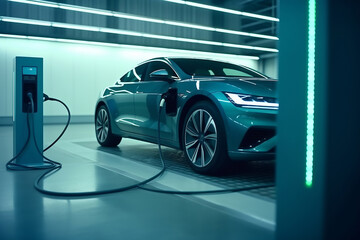 An electric vehicle or EV car at a charging station with the power cable supply plugged. Eco-friendly sustainable energy concept