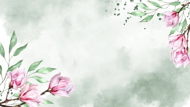Watercolor leaves background and magnolia flowers animation groing moving minimal decoration botanical ecological cosmetic wedding invitation spring summer plants