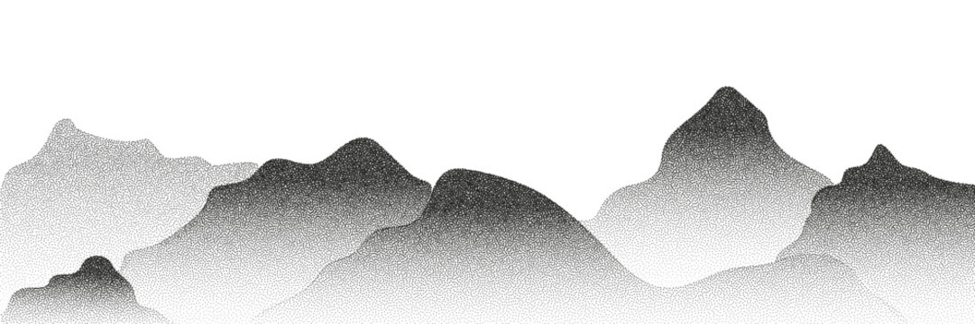 Grayscale vector halftone dots background with a fading dot effect, resembling a abstract mountain landscape. Black noise dots, a sand grain effect, and grunge banner for an abstract, textured pattern