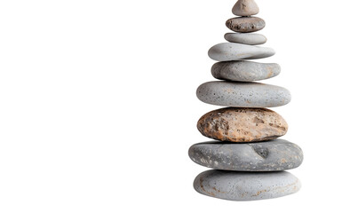 A stack of rocks balanced on top of each other, isolated white background