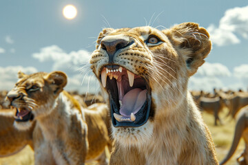 A lioness roars in the middle of a field with other lions in the background