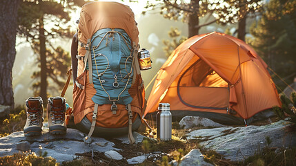 Camping. Tent and Backpack next to boots and Vacuum Bottle. Oneness with nature