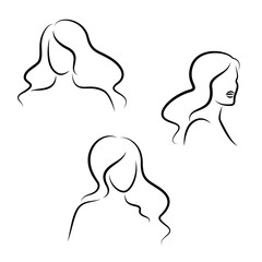 Collection. Silhouettes of a girl head in a modern one line style. Aesthetic outline, posters, stickers, logo. Vector illustration set.