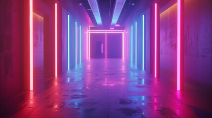 Modern, abstract and futuristic neon-lit corridor with vibrant colors, illuminated by high-tech neon lights, creating a sci-fi ambiance and reflecting a cyber design in an urban setting