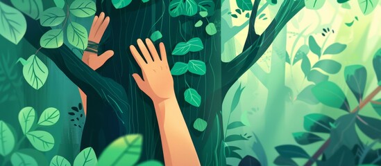 Two hands reaching up from the branches of a tree within a lush forest setting, surrounded by greenery and nature