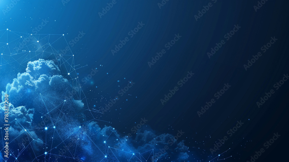Poster abstract technology backdrop with connected lines, dots, and cloud computing symbols in blue tones