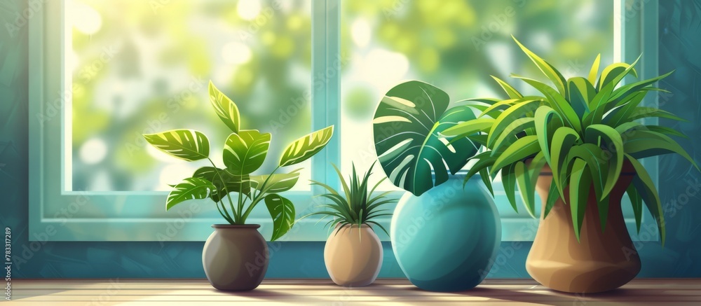 Aufkleber three green plants in pots arranged neatly on a tabletop positioned in front of a window