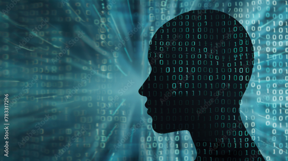 Poster conceptual image of a human head silhouette overlaid on a backdrop of binary code, representing digi