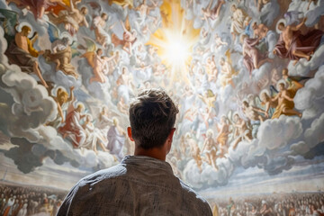A man stares up in awe at a beautiful painting of heaven.