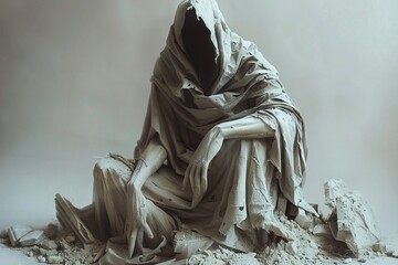 Wretchedness Tattered robes draped over a broken statue, remnants of a fallen wizard , deep white background