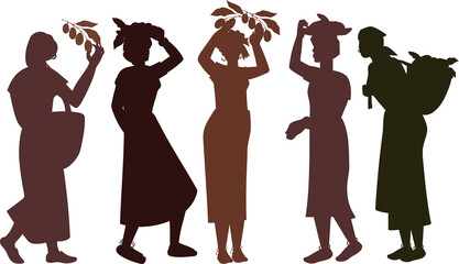 Silhouettes of women with coffee beans. Women picking coffee, outline image.
