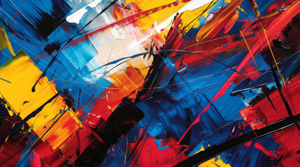 Dynamic and energetic abstract technicolor canvas artwork with vibrant colors and contemporary technology