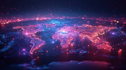 Glowing world map on dark background. Globalization concept. Communications network map of the world. Technological futuristic background. World connectivity and global networking concept - obrazy, fototapety, plakaty