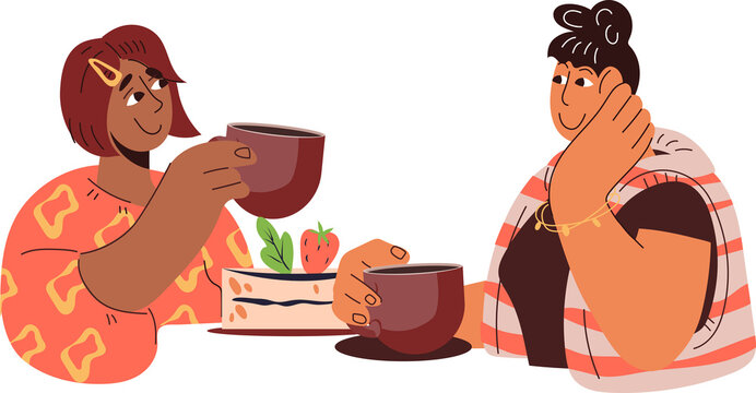 Women friends drinking coffee and eating dessert, while chatting. Happy women spending time together having friendly conversation.