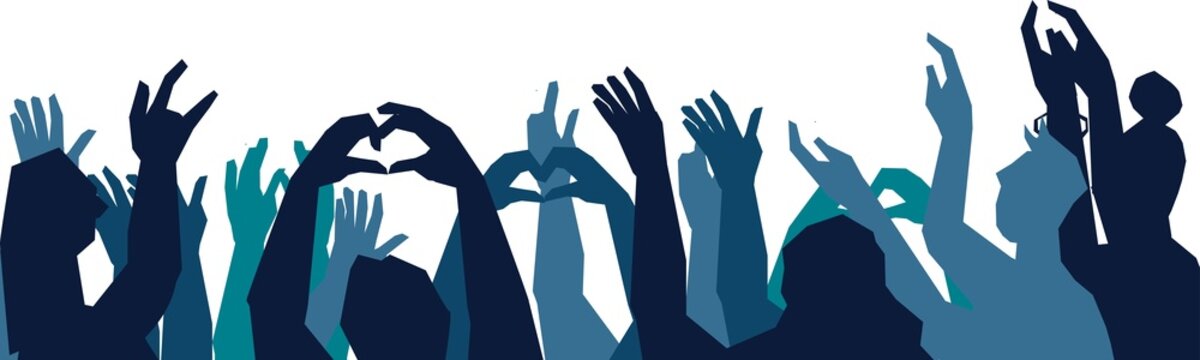 Silhouette contour of hands of people having fun and cheering music band, show or holiday event. Music fans applause and raising hands in cheering.