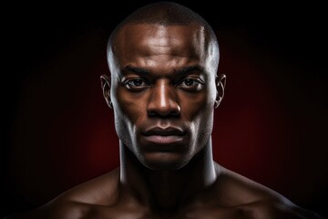 Obraz premium Face portrait of a strong black man. Boxer look at camera. African American boxing sport banner