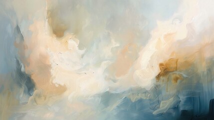 A painting of a sky with clouds in blue, white, and tan colors. - obrazy, fototapety, plakaty