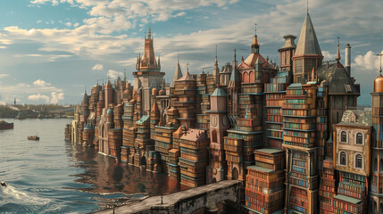 A fantastic city made of books. Books, background, texture, magic.